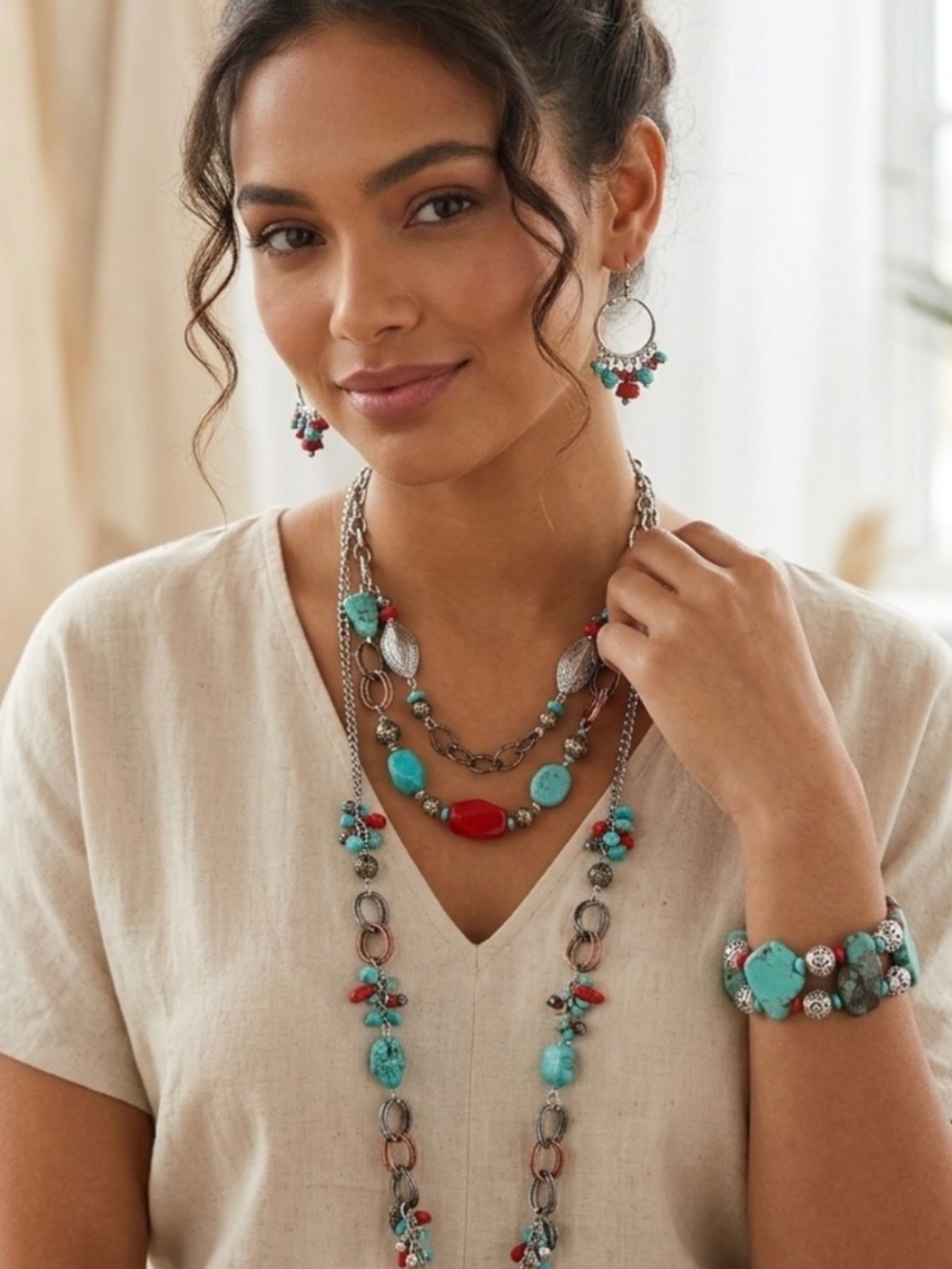 Vintage Turquoise & Coral Boho Tribal Jewelry Set ✨ Necklace, Bracelet, Earrings